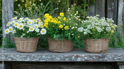 Wallpaper Mural Three wicker baskets filled with blooming flowers, creating a colorful and cheerful display on a rustic wooden bench. Torontodigital.ca