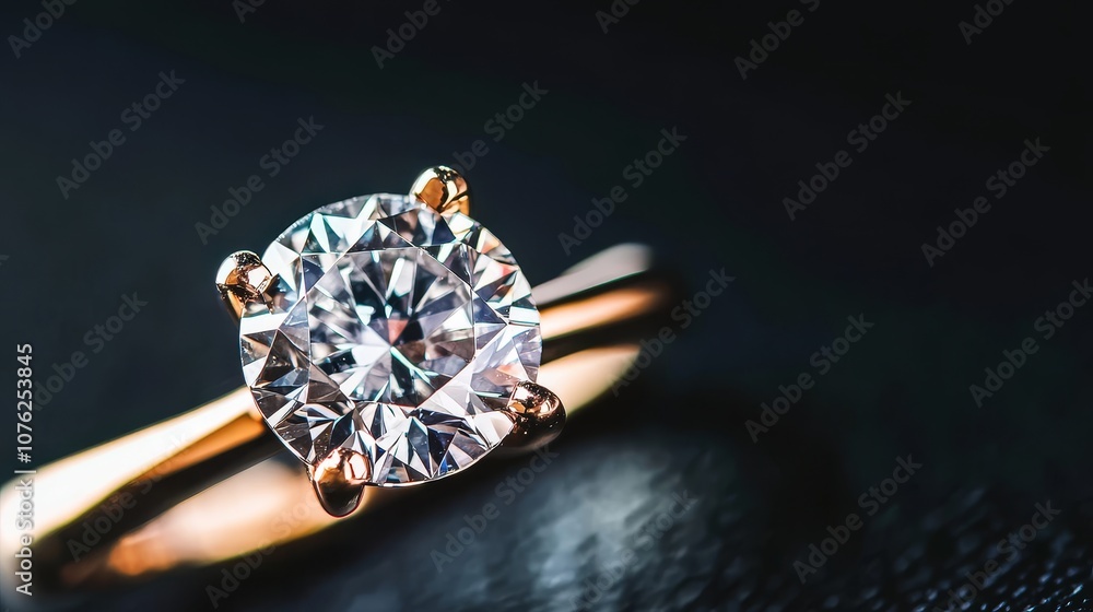 A close-up of a sparkling diamond engagement ring on a dark background. A close-up of a sparkling diamond engagement ring on a dark background.