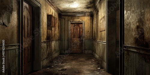 Dimly Lit Haunted Corridor with Peeling Walls, Water Damage, and Creepy Atmosphere, Ideal for Horror Thrillers and Ghost Stories Set in Abandoned Buildings