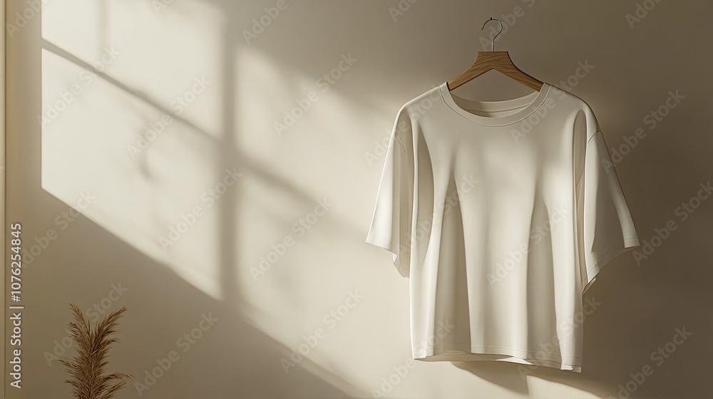 White T-shirt Hanging on Wooden Hanger Against a Beige Wall with Natural Light White T-shirt Hanging on Wooden Hanger Against a Beige Wall with Natural Light