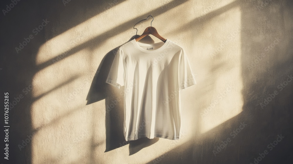 White T-Shirt Hanging on a Wooden Hanger Against a Wall with Sunlight Streaming Through a Window White T-Shirt Hanging on a Wooden Hanger Against a Wall with Sunlight Streaming Through a Window