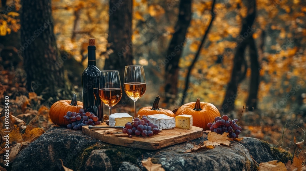 A cozy autumn picnic setup with wine and cheese on a rustic stone surface, surrounded by grapes and pumpkins in an autumn forest A cozy autumn picnic setup with wine and cheese on a rustic stone surface, surrounded by grapes and pumpkins in an autumn forest