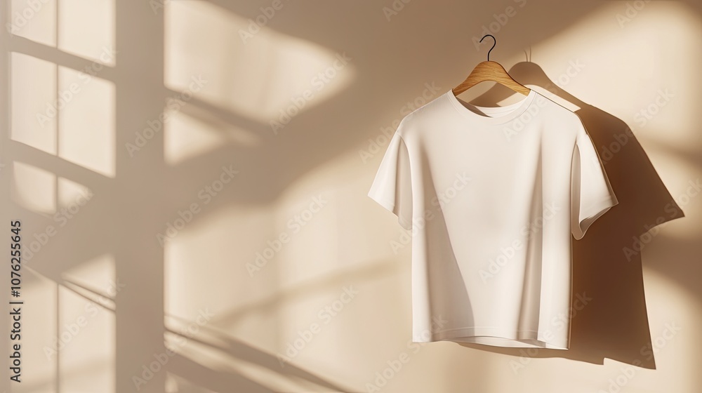 White T-Shirt Hanging on Wooden Hanger Against a Beige Wall with Window Light White T-Shirt Hanging on Wooden Hanger Against a Beige Wall with Window Light