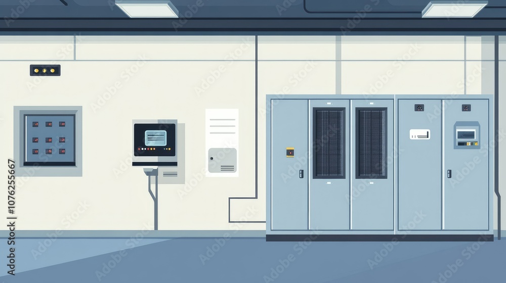 Modern Control Room with Server Racks and Monitoring Equipment in a Minimalistic Design, Featuring Advanced Technology and Clean Aesthetic for Industrial Use Modern Control Room with Server Racks and Monitoring Equipment in a Minimalistic Design, Featuring Advanced Technology and Clean Aesthetic for Industrial Use