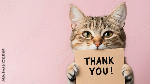 A cute cat holding a thank you sign.