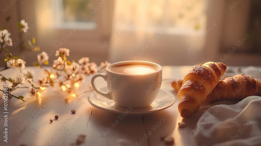 A cozy coffee break setup with a cup of warm coffee and croissants, surrounded by a soft light background, perfect for a peaceful morning scene A cozy coffee break setup with a cup of warm coffee and croissants, surrounded by a soft light background, perfect for a peaceful morning scene