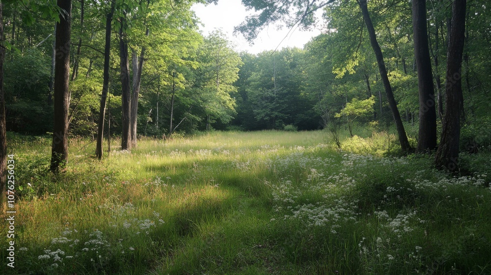Sunlit Meadow Pathway Through Green Forest Sunlit Meadow Pathway Through Green Forest