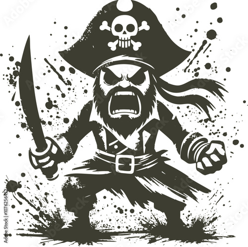 Dynamic Silhouette of an Angry Pirate with a Sword stencil baby with brittle blots illustration