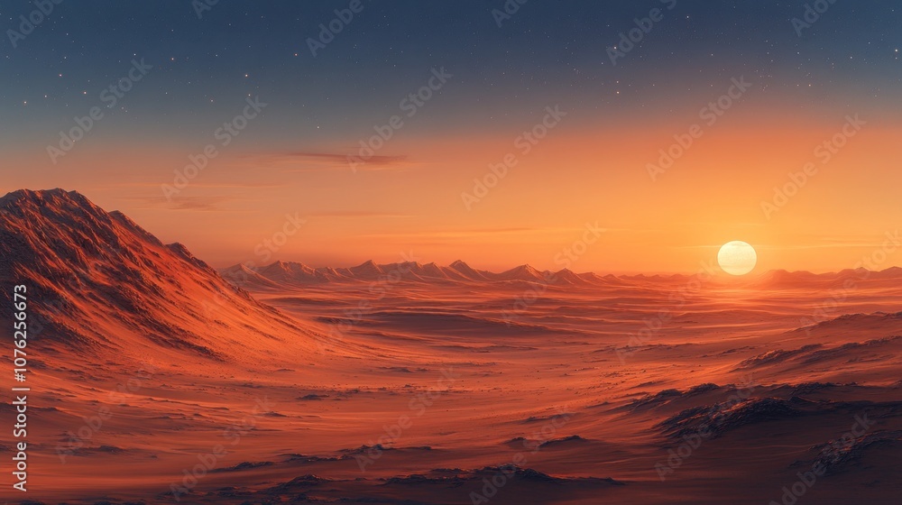 Serene landscape at sunset with mountains and a glowing sun. Serene landscape at sunset with mountains and a glowing sun.