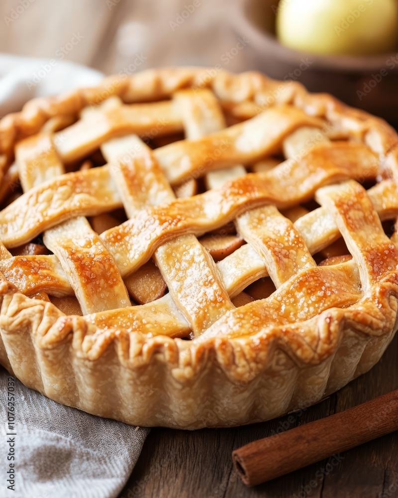 Baked apple pie with lattice crust and cinnamon stick on the side. Baked apple pie with lattice crust and cinnamon stick on the side.