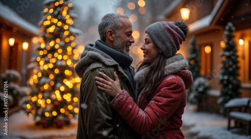 Romantic sweet senior African American couple hugging, Christmas tree, smiling while celebrating new year eve and enjoying spending time together in Christmas time outside, snowing