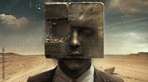 Surreal Portrait of a Man with a Crumbling Concrete Head in a Desert Landscape