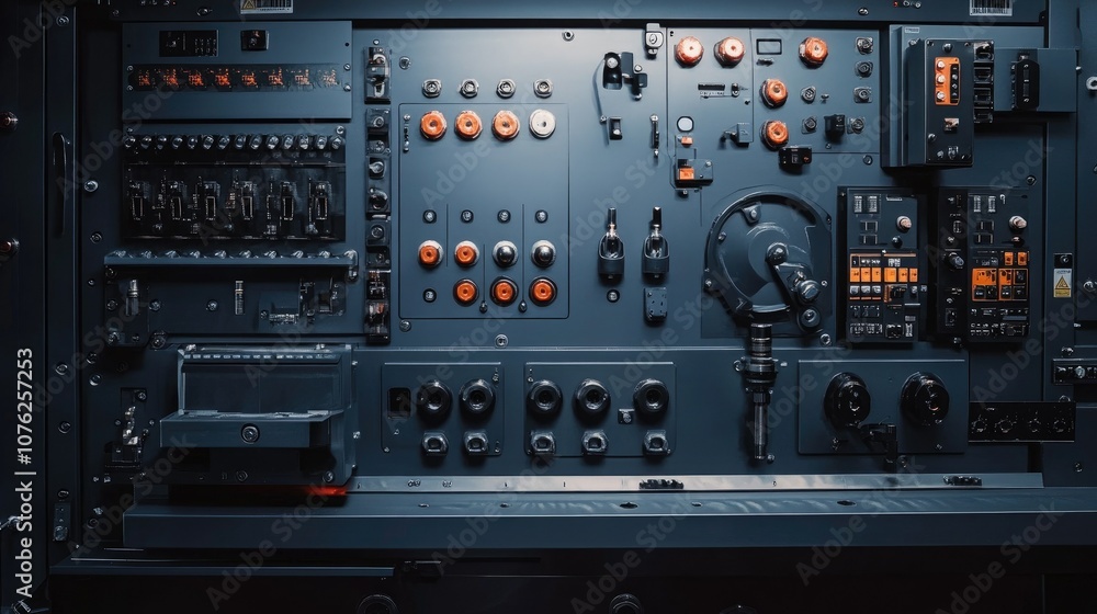 Detailed Control Panel with Various Buttons and Switches in a Dark Environment, Featuring Dials, Knobs, and a Sleek Design for Industrial Applications Detailed Control Panel with Various Buttons and Switches in a Dark Environment, Featuring Dials, Knobs, and a Sleek Design for Industrial Applications