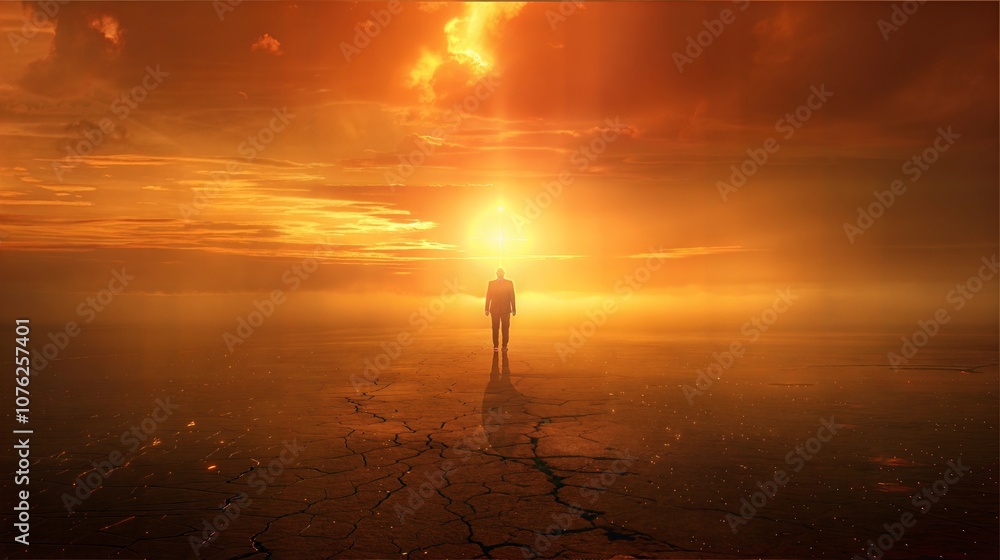 Man Walking Towards Glowing Horizon in Dramatic Sunset Over Barren, Cracked Earth Landscape Man Walking Towards Glowing Horizon in Dramatic Sunset Over Barren, Cracked Earth Landscape