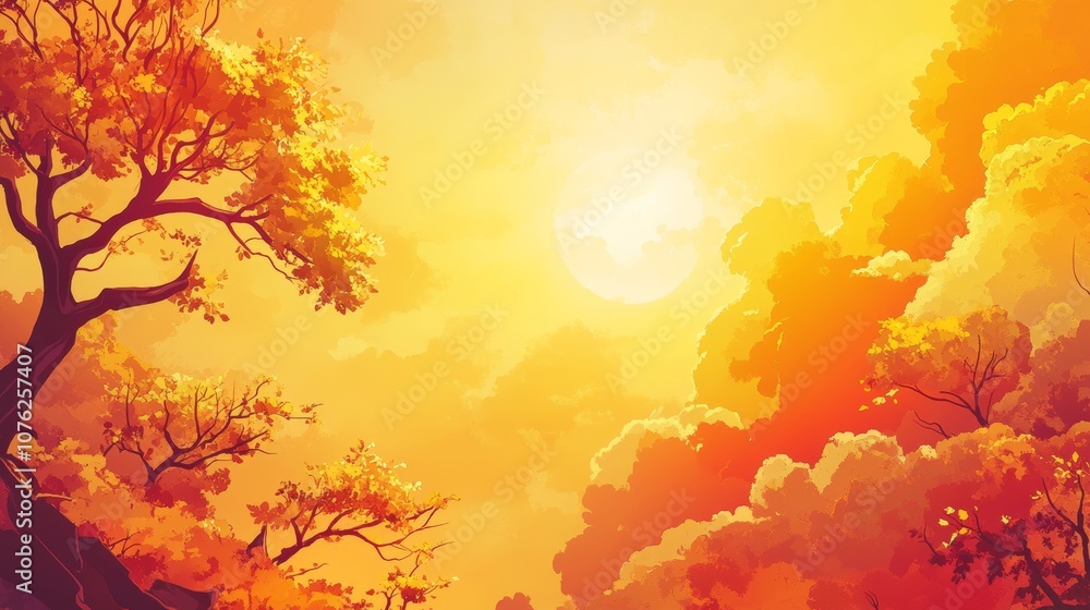 Fototapeta premium A stunning sunset paints the sky in beautiful shades of gold, making it a perfect background for a banner or poster.