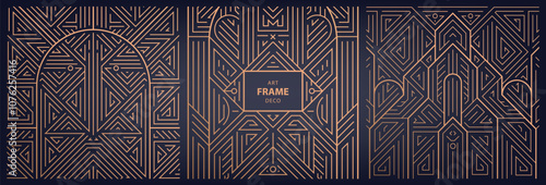 Vector set of art deco square frames, patterns. Arch luxury borders, vintage ornament cards, fancy decorative templates. 