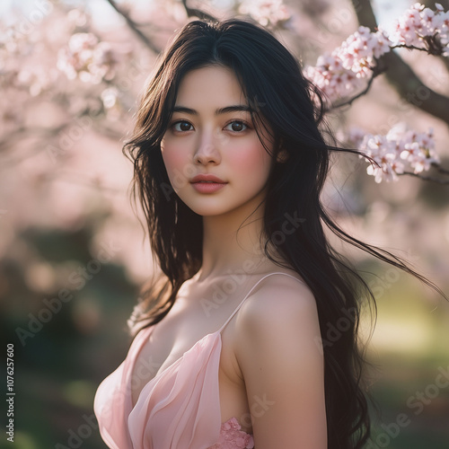 Beautiful Woman in Spring Cherry Blossom Garden photo