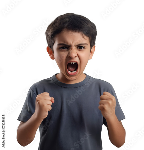 Young boy with furious expression yelling and clenching fists in anger, wearing grey t-shirt, isolated on transparent background, png photo