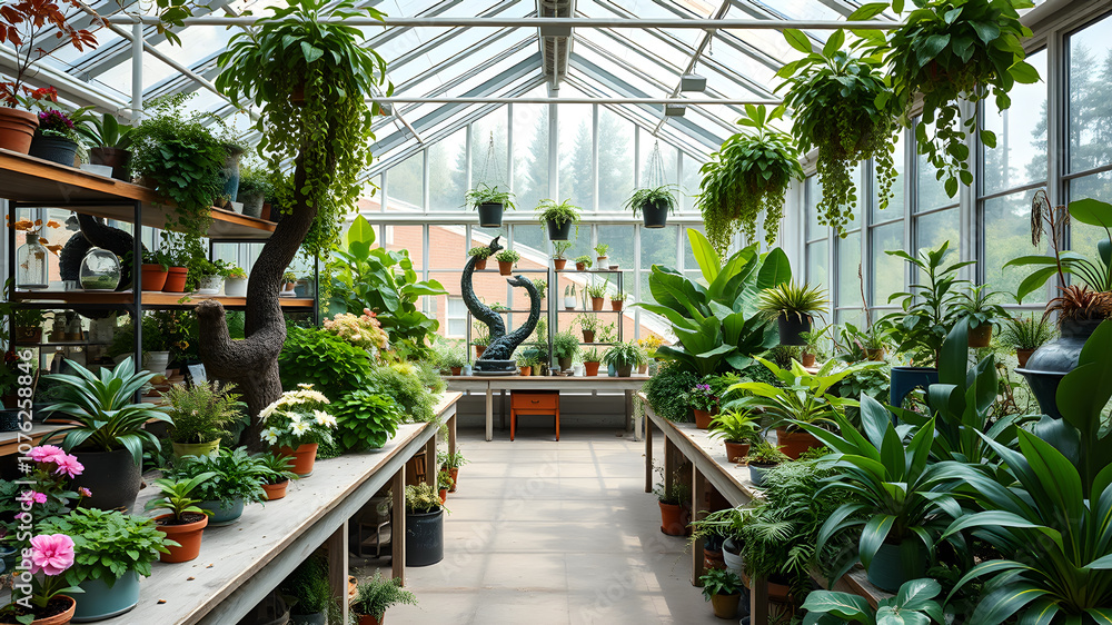 A lush indoor greenhouse filled with a variety of vibrant plants A lush indoor greenhouse filled with a variety of vibrant plants