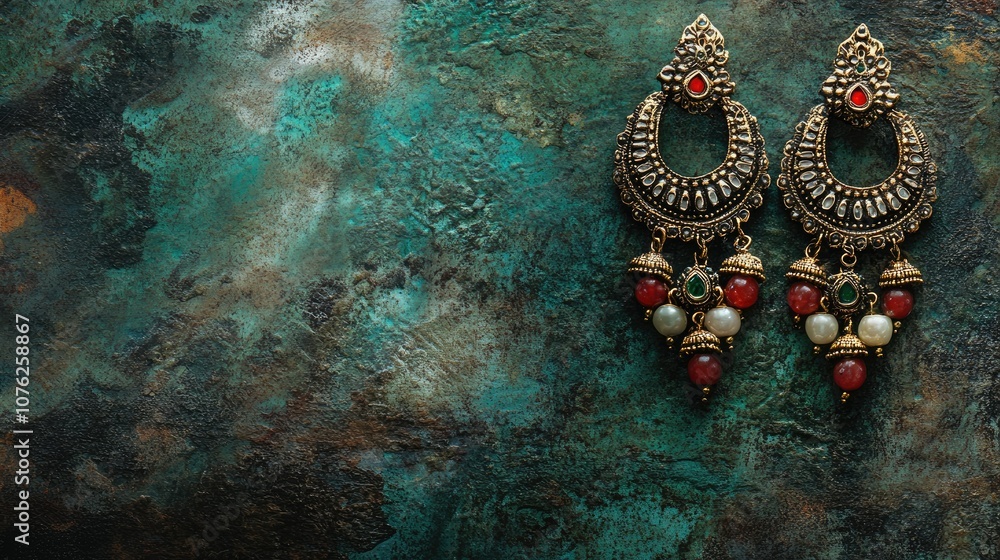 Fototapeta premium Traditional Indian Earrings on Rustic Background