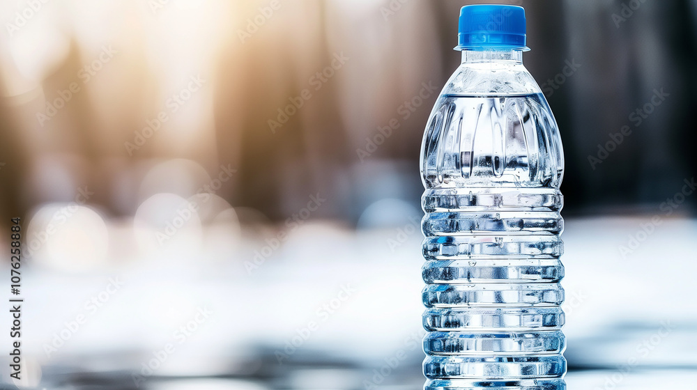 Clean modern water bottle with safety cap and half-filled with clear water on white background, symbolizing hydration and drinking safety, ample copy space for text overlay. Clean modern water bottle with safety cap and half-filled with clear water on white background, symbolizing hydration and drinking safety, ample copy space for text overlay.