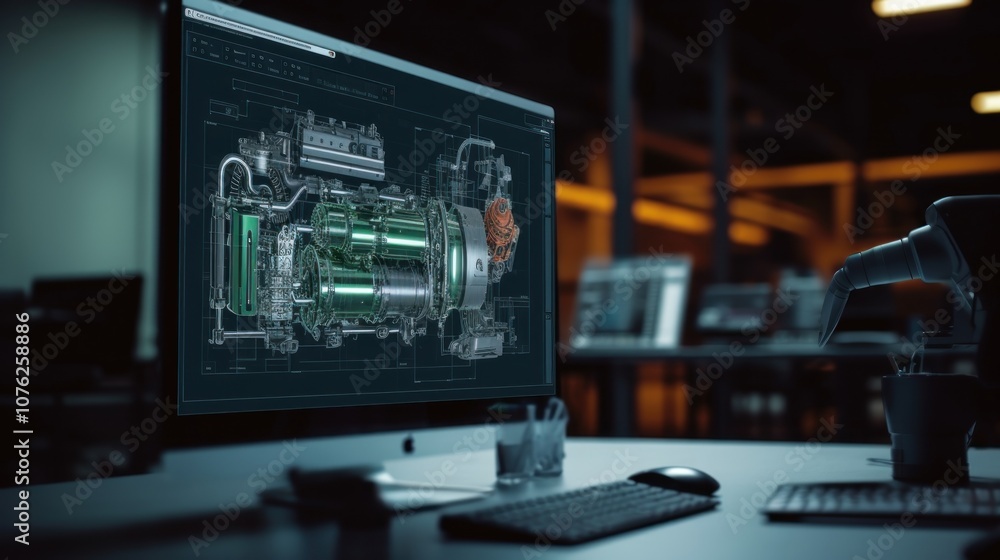 Computer Screen Showing Technical Diagram of an Engine Computer Screen Showing Technical Diagram of an Engine