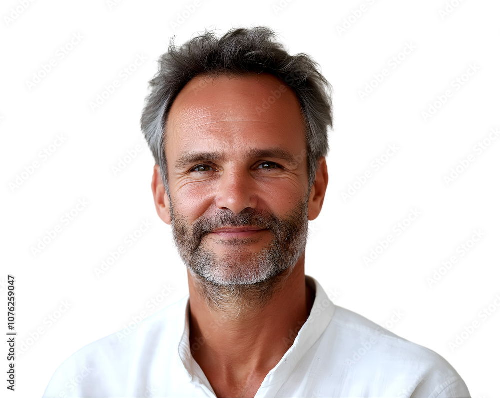 Obraz premium Young man with confident smile wearing casual white shirt, messy hair, isolated on transparent background, PNG