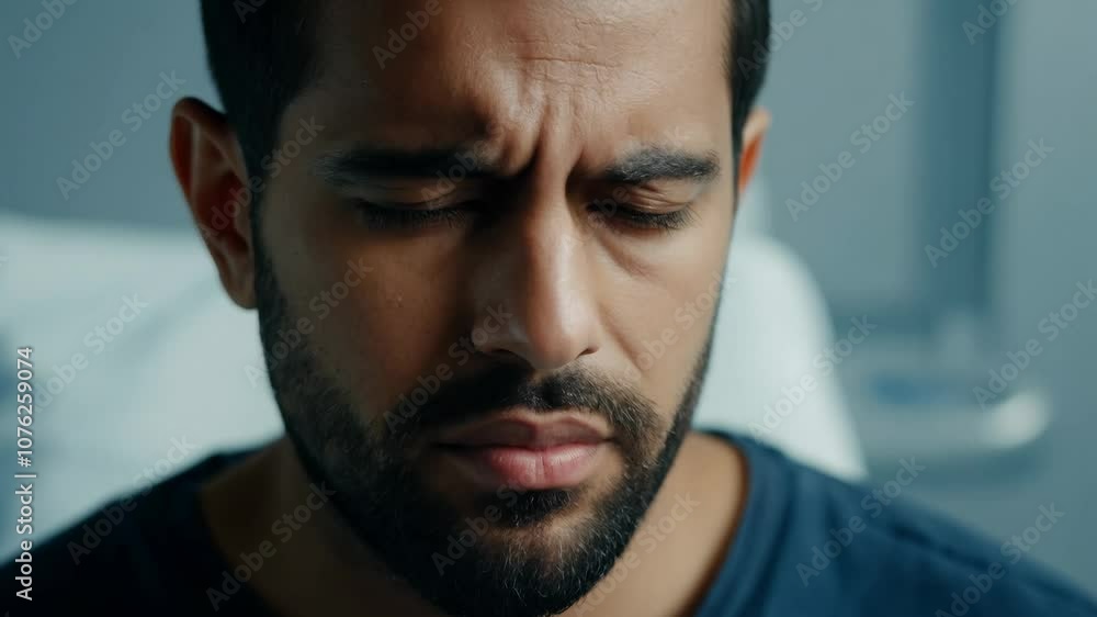 Close-up video of a young Middle-Eastern man transitioning from worry to relief, featuring dramatic side lighting and a blurred hospital background Close-up video of a young Middle-Eastern man transitioning from worry to relief, featuring dramatic side lighting and a blurred hospital background