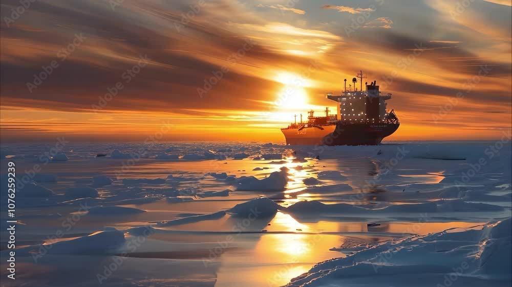 A large ship navigating through icy waters at sunset, with dramatic sky colors reflecting on the surface.