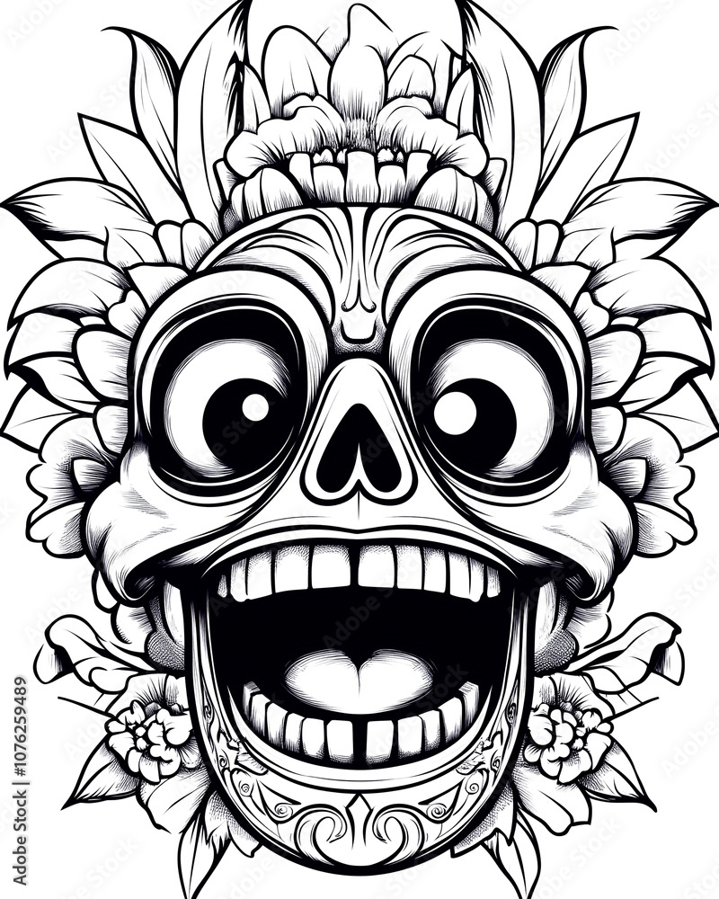 Fototapeta premium A skull with a big smile on its face. The skull is surrounded by flowers and leaves. Scene is lighthearted and playful