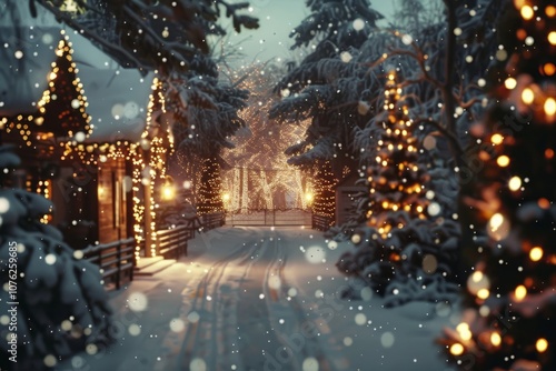 Wallpaper Mural A serene winter evening with softly glowing Christmas lights illuminating a snow-covered path through a tranquil forest, creating a magical holiday atmosphere Torontodigital.ca