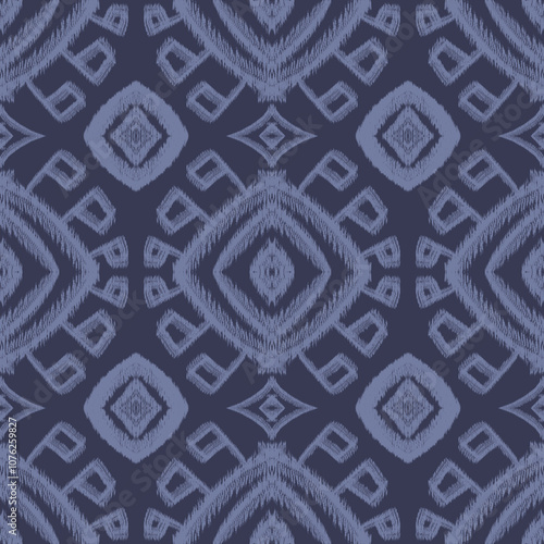 Hand drawn light blue lines create an ikat pattern on a seamless dark blue fabric.