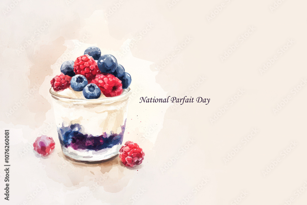 Watercolor illustration of parfait with raspberries and blueberries, featuring National Parfait Day text on a light background. Watercolor illustration of parfait with raspberries and blueberries, featuring National Parfait Day text on a light background.