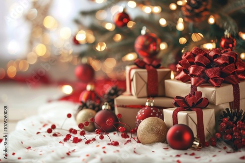Cheerful Christmas gifts wrapped in gold and red, beautifully arranged under a twinkling tree decorated with lights and ornaments, creating a festive holiday atmosphere