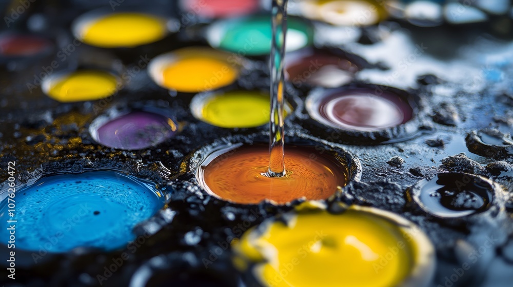 Colorful oil drops spread out on a dark surface, like watercolors. The image shows a close-up view, highlighting the beauty of oil in the refining process. Colorful oil drops spread out on a dark surface, like watercolors. The image shows a close-up view, highlighting the beauty of oil in the refining process.