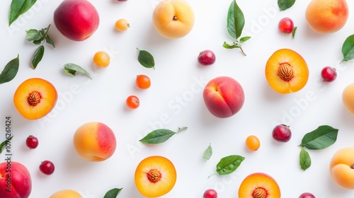Juicy, ripe peaches against a bright white backdrop.