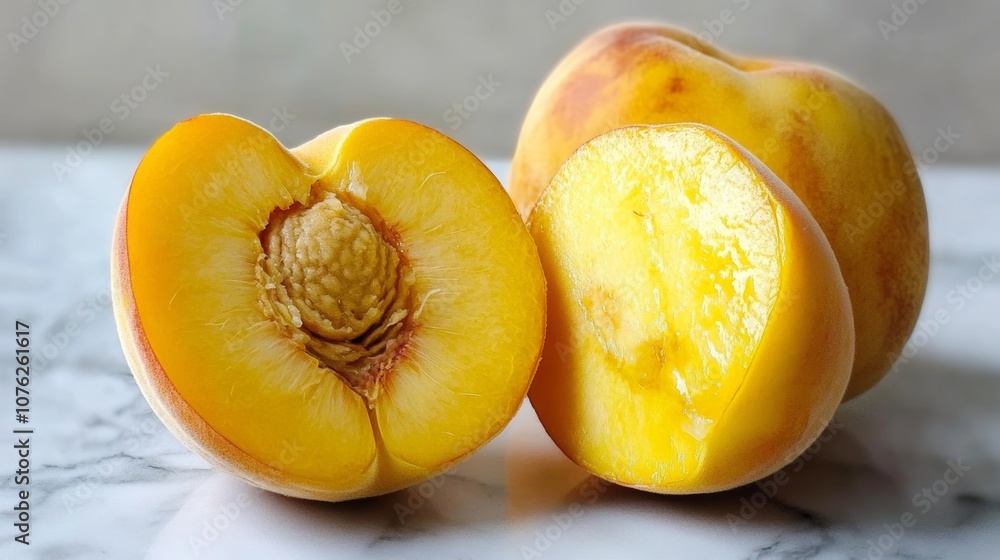 Peaches are sweet and juicy fruits with fuzzy skin. They're usually yellow or orange. Inside the soft flesh, you'll find a hard pit. Peaches are great eaten fresh, in desserts, or made into preserves. Peaches are sweet and juicy fruits with fuzzy skin. They're usually yellow or orange. Inside the soft flesh, you'll find a hard pit. Peaches are great eaten fresh, in desserts, or made into preserves.