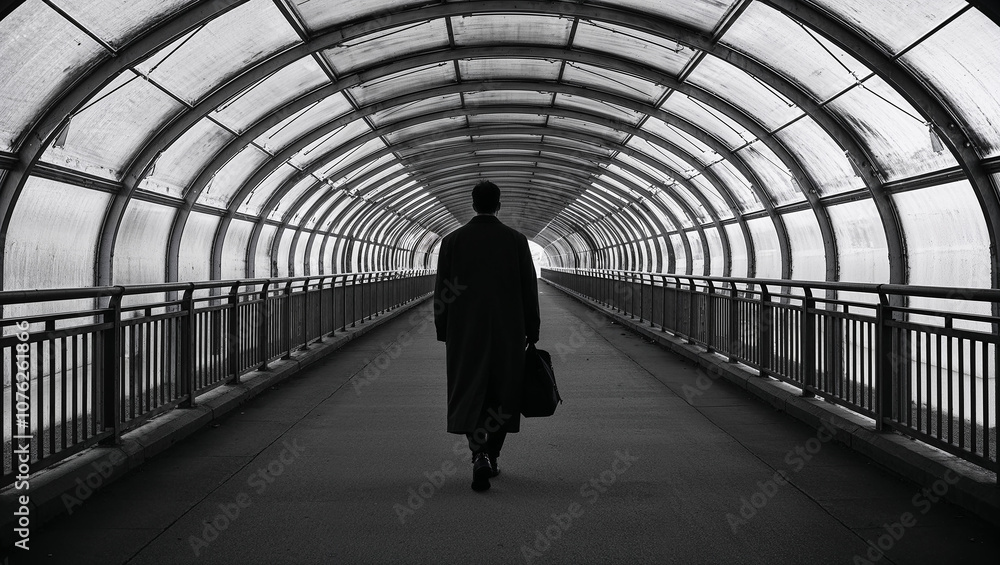 Mysterious lone figure walks through a covered pedestrian bridge Mysterious lone figure walks through a covered pedestrian bridge