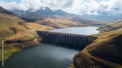 A dam and reservoir system designed for electricity generation, showcasing the integration of water storage and renewable energy photo