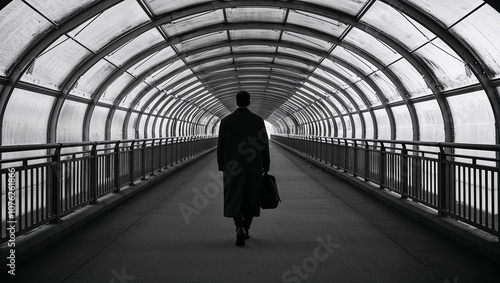 Mysterious lone figure walks through a covered pedestrian bridge