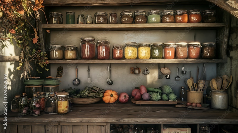 Rustic Wooden Kitchen Pantry with Jars of Spices and Herbs Rustic Wooden Kitchen Pantry with Jars of Spices and Herbs