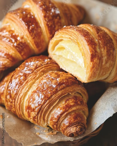 Crispy flaky golden croissants in a basket with crumbs on a wooden surface.