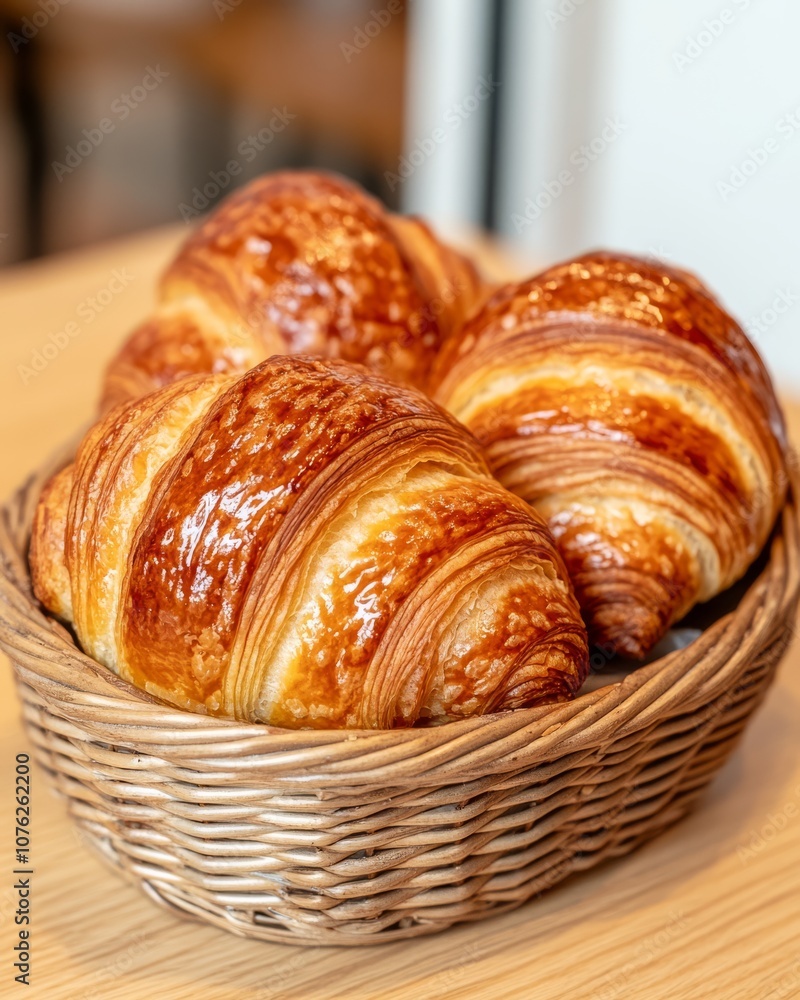 close up of golden flaky croissants in a basket with a copy space. close up of golden flaky croissants in a basket with a copy space.