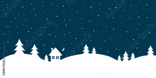 Dark winter landscape flat vector illustration, holiday background, Christmas or New Year greeting template design
