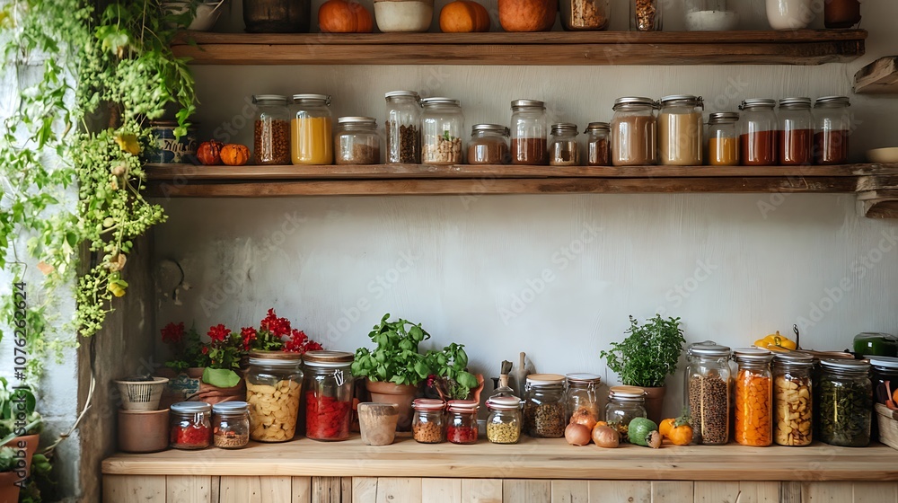Rustic Kitchen Shelves with Glass Jars Filled with Dried Goods and Herbs Rustic Kitchen Shelves with Glass Jars Filled with Dried Goods and Herbs