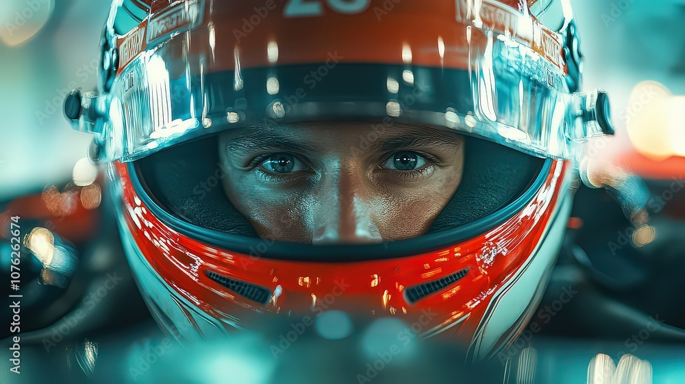 Close-up of a Formula 1 driver’s intense gaze through the visor as they sit in the cockpit, focused and determined. Close-up of a Formula 1 driver’s intense gaze through the visor as they sit in the cockpit, focused and determined.