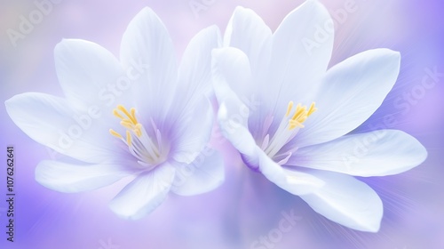 Two Delicate White Flowers with Yellow Centers Against a Soft Purple Background