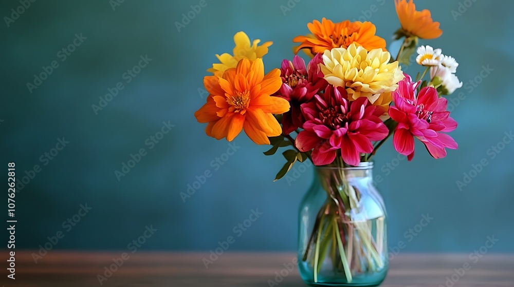 A vibrant bouquet of colorful flowers in a glass vase against a teal background. A vibrant bouquet of colorful flowers in a glass vase against a teal background.