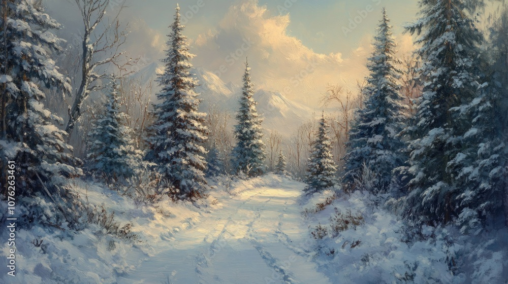 A snowy path through a winter forest, with pine trees dusted with snow. Space at the top for a greeting.