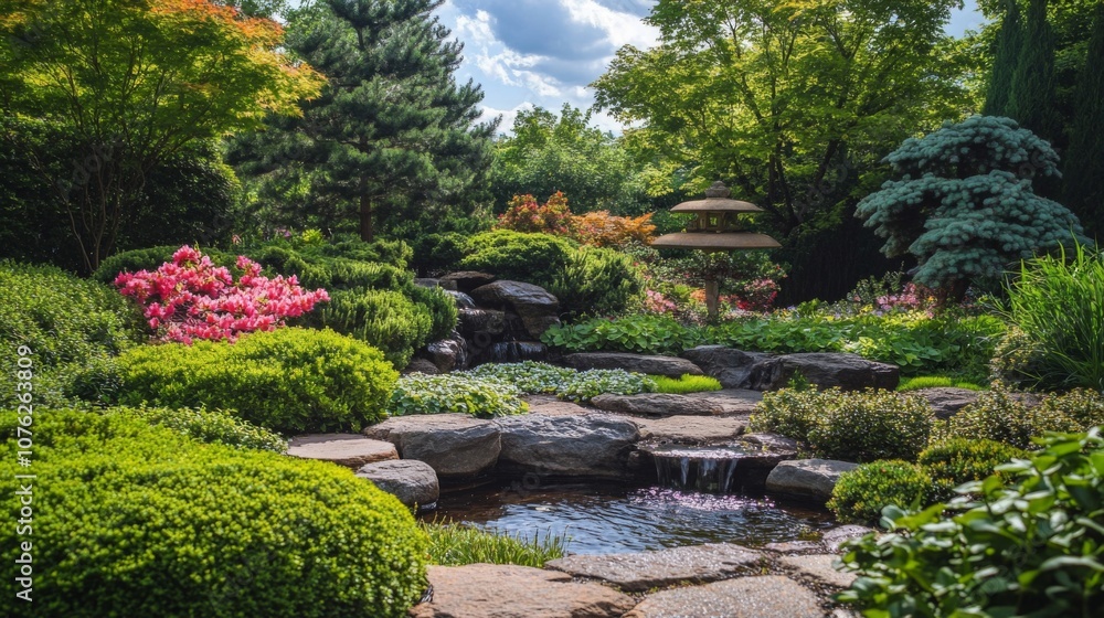 Tranquil Garden with Cascading Waterfall and Pond Tranquil Garden with Cascading Waterfall and Pond